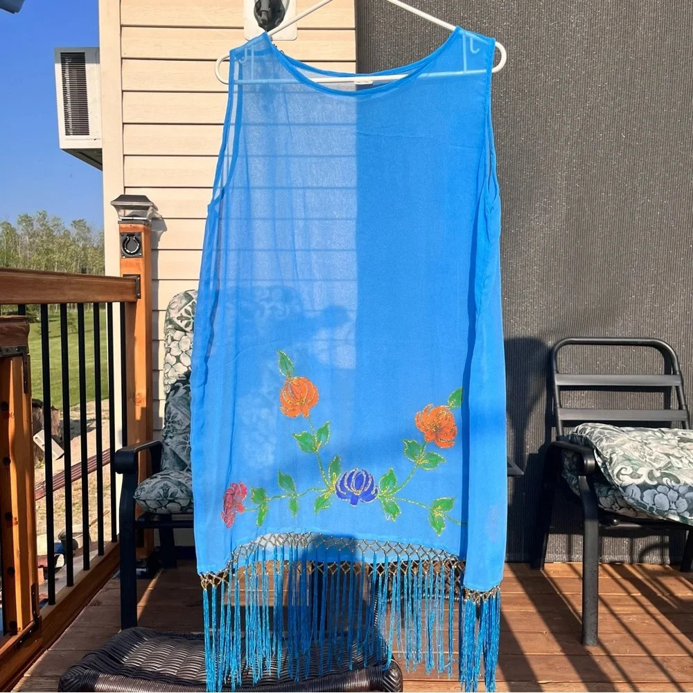 Blue Beach Cover Up  with floral detailing